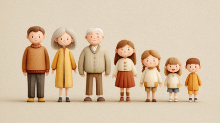 This charming watercolor illustration depicts a multigenerational family, showcasing the bond between grandparents, parents, and children, emphasizing love and togetherness.の素材