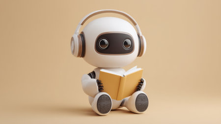 A charming robot wearing headphones reads a book, embodying the future of digital learning. This image represents educational technology for engaging young minds in fun ways.の素材