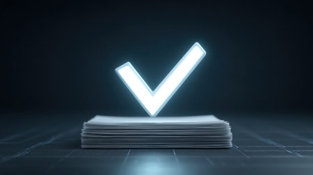 A glowing checkmark hovers above a stack of digital documents on a dark background, symbolizing success, approval, and the completion of tasks in a modern business context.の素材