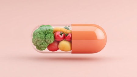 A vivid capsule filled with assorted fresh vegetables and fruits. This creative image symbolizes health, nutrition, and vitality, perfect for wellness branding.の素材