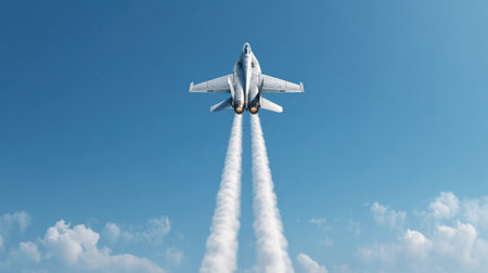 A dynamic image of a fighter jet ascending into the blue sky, leaving behind white contrails. This artwork captures themes of aviation, speed, and military power.の素材
