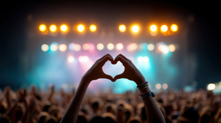 A joyful heart-shaped gesture made with hands in front of a lively concert stage, filled with vibrant lights and an enthusiastic crowd celebrating the musical experience.の素材