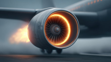 This striking image captures the detail of a jet engine, showcasing fiery exhaust and smoke as it powers an aircraft, symbolizing modern aviation technology.の素材