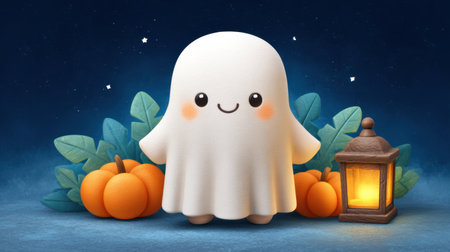 A charming cartoon ghost stands in a delightful Halloween scene with glowing pumpkins and a warm lantern, all set against a starry night sky. Perfect for festive designs.の素材