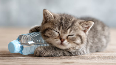 A charming gray kitten peacefully sleeps beside a small water bottle on a wooden surface. This image captures the essence of tranquility and comfort.の素材