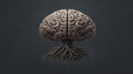 An intriguing artistic representation of a brain shaped like a tree with deep roots, symbolizing the connection between thought processes and natural growth.の素材