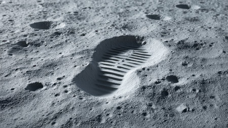 A stunning close-up view of a lunar footprint on the moon's surface, showcasing intricate textures and surrounding craters, symbolizing human exploration of space.の素材