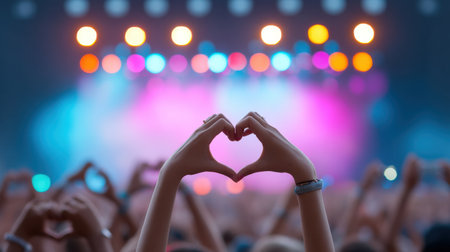 A captivating scene of hands forming a heart shape against a backdrop of colorful concert lights, showcasing the vibrant energy and joy of a live music experience.の素材