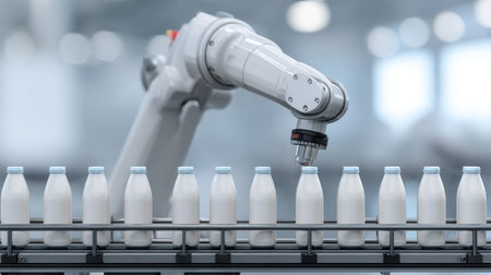 A robotic arm manages milk bottles on an automated production line in a dairy facility, showcasing modern technology in milk handling and packaging processes.の素材