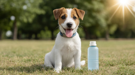 A playful puppy sits on green grass next to a clear water bottle, enjoying a sunny day in the park. Perfect for capturing the joy of outdoor adventures with pets.の素材