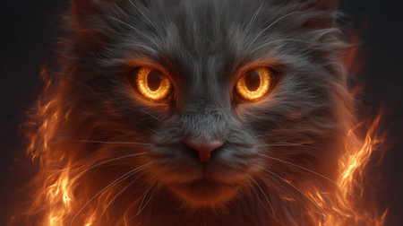 A stunning digital creation featuring a powerful feline with glowing orange eyes, surrounded by mystical flames, radiates an aura of enchantment and allure.の素材