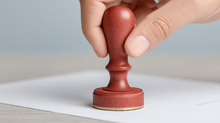 A close-up image showcasing a hand pressing a wooden stamp onto blank paper, illustrating the action of creating an official mark in a modern workspace setting.の素材