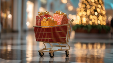 A golden shopping cart stands out filled with vibrant gift boxes in a beautifully decorated shopping mall, capturing the essence of the holiday spirit and shopping excitement.の素材