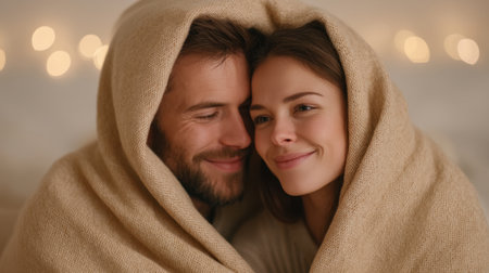 A couple wrapped in a soft blanket shares a warm embrace, surrounded by gentle bokeh lights. This image captures the joy of love and connection in a cozy atmosphere.の素材