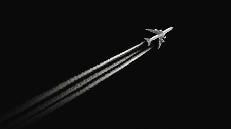 A stunning monochrome image of an airplane soaring through the dark sky, leaving behind distinct contrails. This photograph captures the essence of travel, freedom, and adventure.の素材