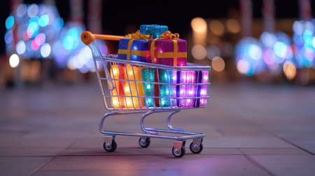 A vibrant shopping cart filled with colorful holiday gifts, illuminated by enchanting bokeh lights, creating a joyful and festive night scene. Perfect for seasonal themes.の素材