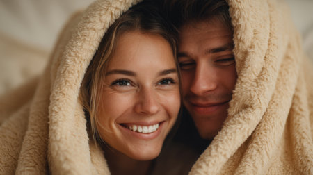 A warm and intimate moment captures a young couple snuggled under a soft blanket, conveying joy and affection with their bright smiles and cozy atmosphere.の素材