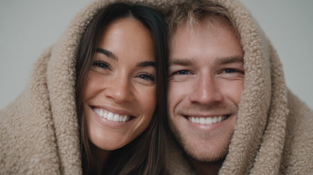 A joyful couple snuggles under a warm blanket, sharing smiles and laughter. Their connection radiates warmth and love in a cozy indoor environment.の素材