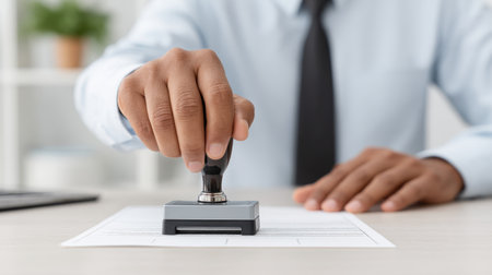 A business professional is seen applying a rubber stamp to an important document in a modern office setting, emphasizing the role of stamping in official procedures and tasks.の素材