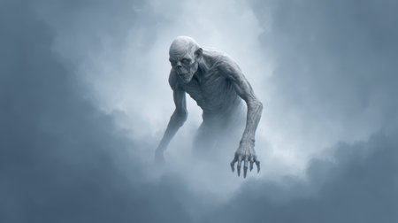 A haunting humanoid figure emerges from a thick fog, creating an unsettling and eerie atmosphere that inspires feelings of mystery and fear in a dreamlike setting.の素材