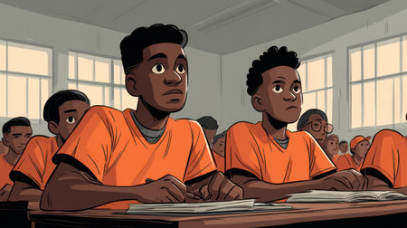 A group of students in orange uniforms attentively listens and engages in a classroom setting, embodying the essence of education and learning.の素材