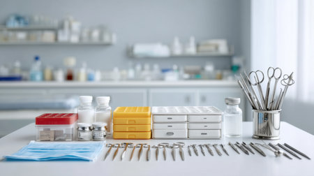 A well-arranged collection of medical instruments and supplies on a table within a bright laboratory, showcasing cleanliness and readiness for surgical procedures.の素材