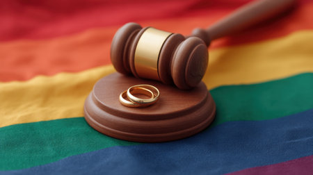 A poignant composition featuring wedding rings on a wooden gavel, set against a vibrant fabric representing LGBTQ pride, symbolizing love and equality in marriage.の素材