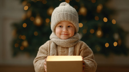 Young child wearing a cozy winter sweater holds a glowing gift box with a joyful expression, surrounded by a beautifully decorated Christmas tree and festive lights.の素材