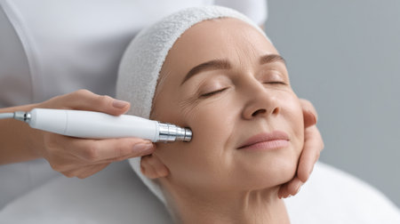 A cosmetologist performs an advanced exosome facial therapy to promote skin rejuvenation, offering a soothing experience in a serene spa setting for radiant skin.の素材