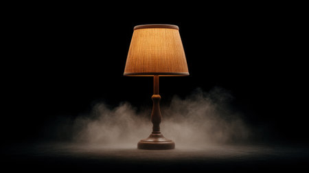 Experience the enchanting allure of a softly illuminated lamp nestled in darkness, surrounded by wisps of smoke, creating a serene and magical ambiance.の素材