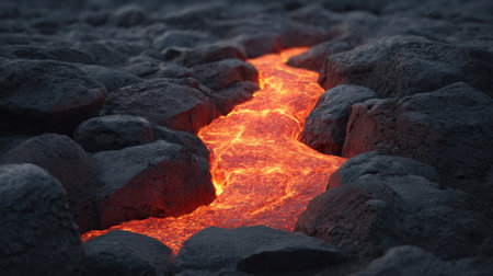Experience the mesmerizing flow of a bright orange lava stream moving between dark, rugged rocks. This stunning natural display captures the raw power and beauty of volcanic activity.の素材