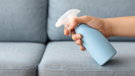 A person is using a disinfectant spray bottle for maintaining hygiene on a couch's upholstery surface. This image emphasizes cleanliness and health upkeep in home environments.の素材