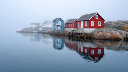 A serene coastal scene featuring colorful fishing huts, eerily shrouded in mist. The calm water perfectly reflects the quaint structures, enhancing the peaceful atmosphere.の素材
