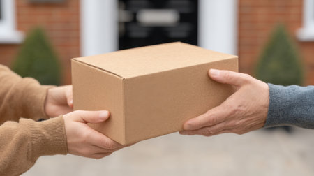 A delivery person hands over a plain cardboard box to a customer outside a modern home, capturing a moment of service and engagement in a residential setting.の素材