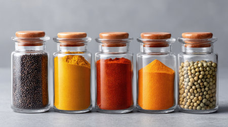 Explore the beauty of colorful powdered spices displayed in sleek glass jars with wooden lids, perfect for inspiring culinary creativity and enhancing kitchen aesthetics.の素材