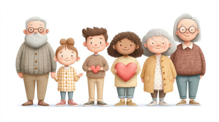 This vibrant illustration captures a diverse family showing people of different ages with heart symbols, symbolizing love and connection in a warm, engaging manner.の素材