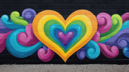 This vibrant heart mural features a beautiful display of swirling colors and creative designs, perfect for showcasing urban art and street style in photography.の素材