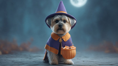 This charming image features an adorable dog dressed in a witch costume, holding a candy bucket while sitting under a moonlit sky, capturing the spirit of Halloween in a delightful way.の素材