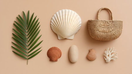 Discover a serene tropical flat lay featuring seashells, coral, and a lush green leaf, perfect for enhancing beach-themed projects and creative expressions.の素材