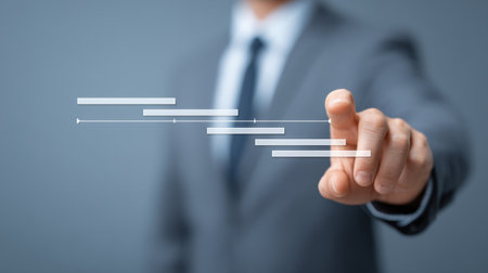 A professional man in a suit interacts with a digital interface, visually managing project progress with timelines and tasks in a modern corporate environment.の素材
