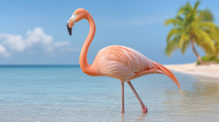 A stunning flamingo wades gracefully in clear waters near a beautiful beach, surrounded by lush palm trees and vibrant tropical scenery, perfect for serene nature lovers.の素材