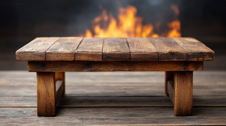 Discover the charm of outdoor cooking with a rustic wooden table set beside a BBQ grill, surrounded by vibrant flames and drifting smoke, perfect for summer gatherings.の素材