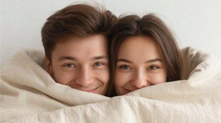 A joyful young couple snuggles together in a soft blanket, sharing warm smiles and laughter in a cozy indoor environment that radiates love and comfort.の素材