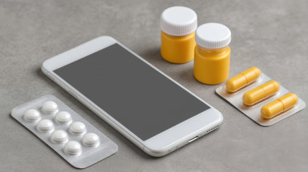 Explore a modern healthcare concept showcasing a smartphone alongside pill bottles and blister packs, highlighting the integration of technology in personal health management.の素材