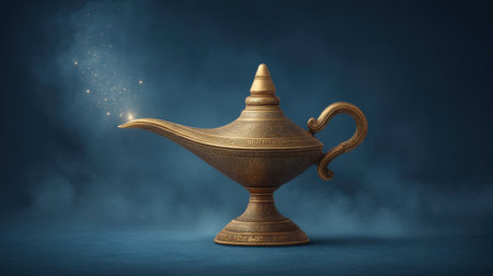 This captivating image features a magical lamp glowing softly in a dark setting, surrounded by enchanting blue mist, evoking a sense of wonder and fantasy.の素材