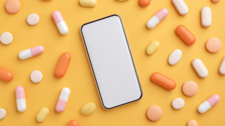 Discover a captivating scene of a mobile phone surrounded by various pills on a vibrant yellow backdrop, symbolizing the modern approach to telemedicine and digital health.の素材
