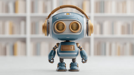 This charming modern robot, equipped with a sleek headset, stands in a stylish library, showcasing its love for reading literature and engaging with knowledge.の素材