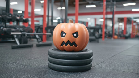 A playful Halloween themed gym setup featuring a mischievous pumpkin sitting atop weight plates, adding a festive touch to a modern fitness environment.の素材