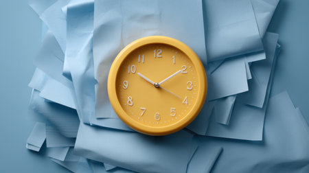 A bright yellow clock is centered over disorganized blue papers, capturing the essence of time management struggles amid paperwork chaos in a contemporary workspace.の素材