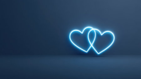 This stunning image features glowing neon hearts against a dark gradient backdrop, creating a romantic and serene atmosphere perfect for love-themed celebrations.の素材